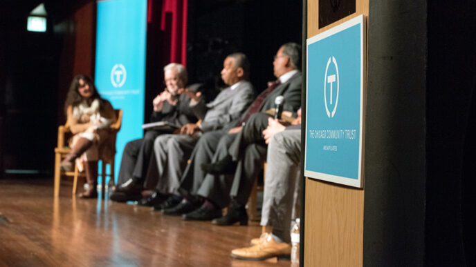 Panelists on stage at the Harold Washington Library's Pritzker Auditorium|Manya Brachear Pashman moderates a panel of civic and faith leaders|Martin Castro speaks.
