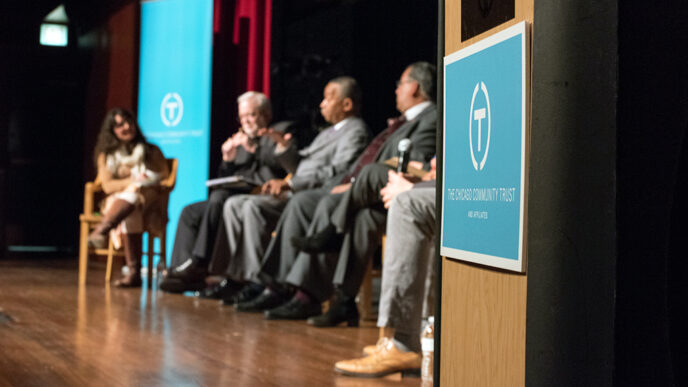 Panelists on stage at the Harold Washington Library's Pritzker Auditorium|Manya Brachear Pashman moderates a panel of civic and faith leaders|Martin Castro speaks.