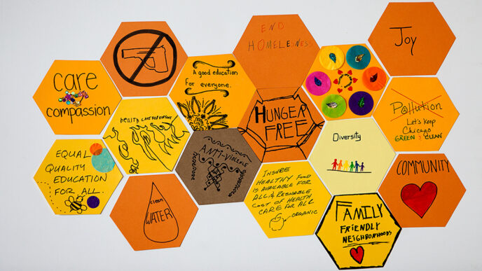 Kids at the Honeycomb Project event write and draw their hopes for Chicago to form a construction paper collage|A police officer in conversation with a neighbor at the breakfast table|Three women of different generations in conversation|A woman holds up a graphic depicting the difference between ‘equality’ and ‘equity’|Two hundred guests seated at a long rooftop table
