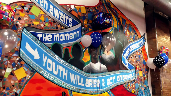 Balloons in front of a mural at the Firehouse Community Arts Center|A banner welcomes students and guests to the Youth-Led Tech graduation|Students waiting to walk on stage for the graduation ceremony|A tweet from Smart Chicago: “.@AdamHeckman dares the #youthledtech graduates to be #tech leaders: “may you go from strength to strength”|A display board with photos and student essays|Students and parents at the Youth-Led Tech graduation in the Firehouse Community Arts Center|