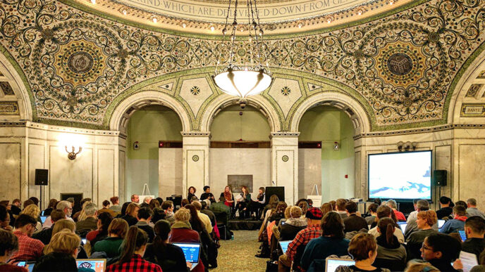 Panelists at the Sustain Arts launch in Preston Bradley Hall|Screen shot of a chart from the Sustain Arts Chicagoland data portal