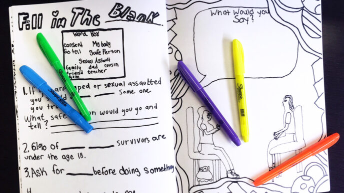 A coloring book and markers|Front cover of a coloring book showing a girl’s head and the title How to Help a Friend
