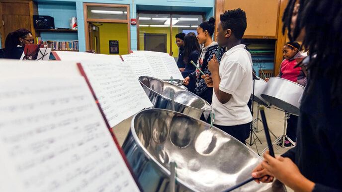 A group of young students play percussion instruments in a classroom|Bar chart showing Ways the Local Community Engages|Bar chart showing Healthy Chicago 2.0 Report data|A group of young students play percussion instruments in a classroom|An artist uses a craft knife to construct a cardboard sculpture