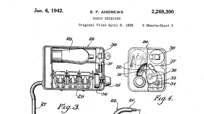 Schematic diagram from a radio receiver patent filed by Edward Andrews|Schematics from a radio receiver patent filed by Edward Andrews