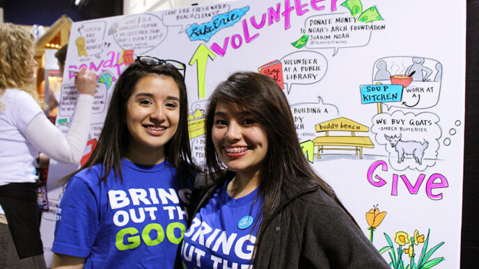 Young activists attening We Day event||Selena Gomez and Magic Johnson on stage