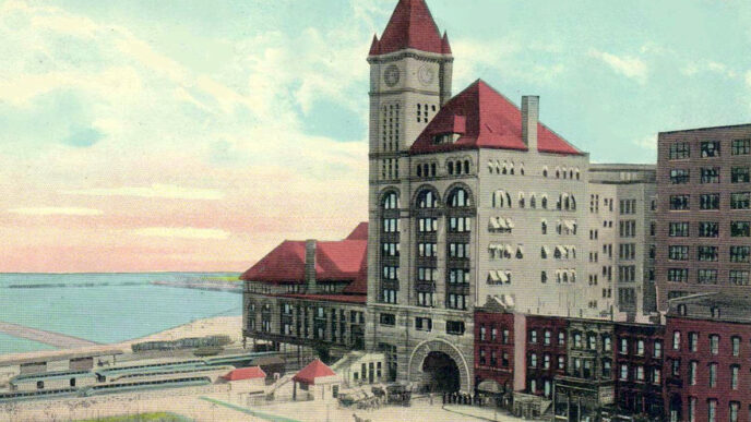 Vintage postcard illustrating the Illinois Central Railroad depot in Chicago|Historic portrait of Charles Markham.