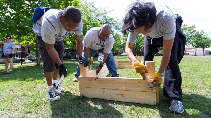 Chicago Cares volunteers work on a construction project