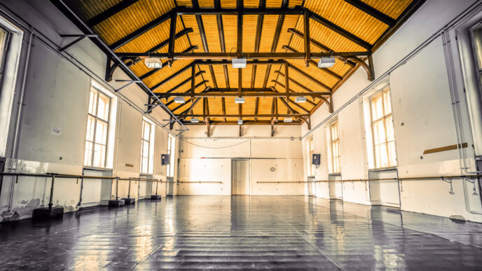 Empty dance rehearsal studio|Flamenco dancers from Ensemble Espanol|Empty orchestra rehearsal hall.