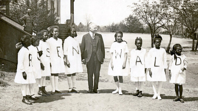 Julius Rosenwald stands with young students outside a Rosenwald school|Map by the Julius Rosenwald Fund from 1932 showing the locations of 5.