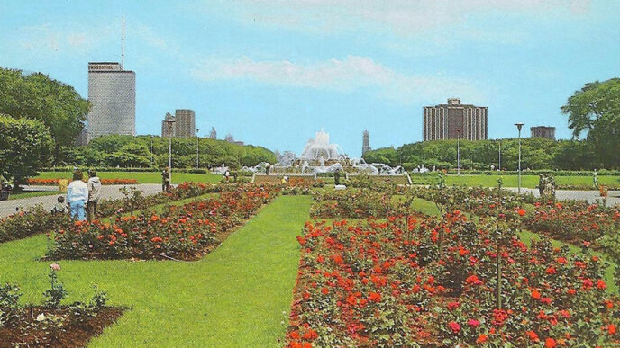 A postcard from the 1960s depicting the Rose Garden in Grant Park|James Brown stands in the Chicago Botanic Garden beside a plaque that bears his name.