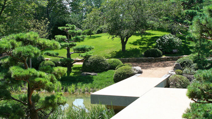 Zig-zag bridge and evergreens at the Japanese Garden||.