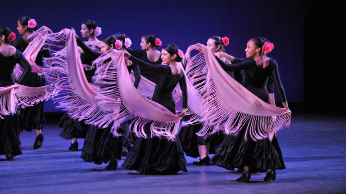A troupe of young performers do a flamenco routine at the Chicago Teen Dance Festival|Two contemporary dancers perform a duet|150 young dancers perform the finale|A group of African drummers accompany a dance soloist.