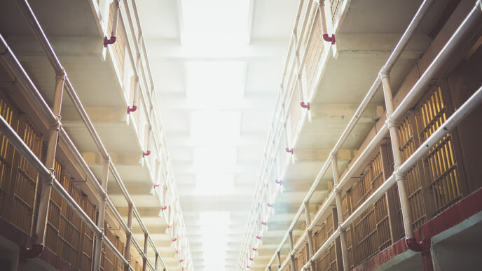 A skylight above a tier of prison cells.