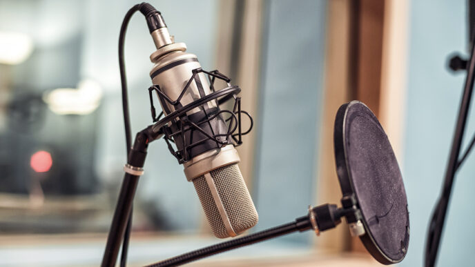 A microphone in a radio recording studio.