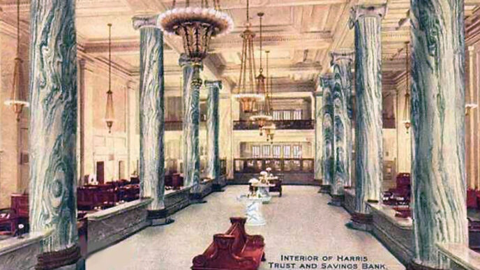 Vintage postcard depicts the lobby of Harris Bank building.