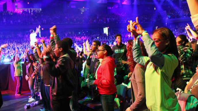 The crowd dances at WE Day Illinois|||||||||||||||||||.