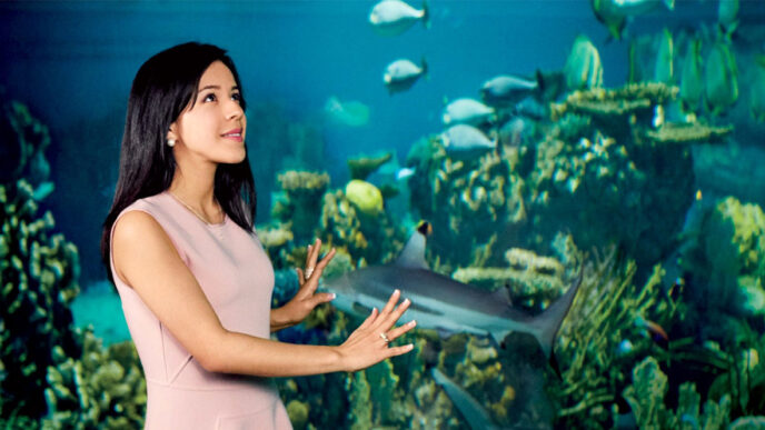 Daniela Fernandez stands in front of an aquarium tank|Daniela Fernandez backstage at WE Day Illinois.