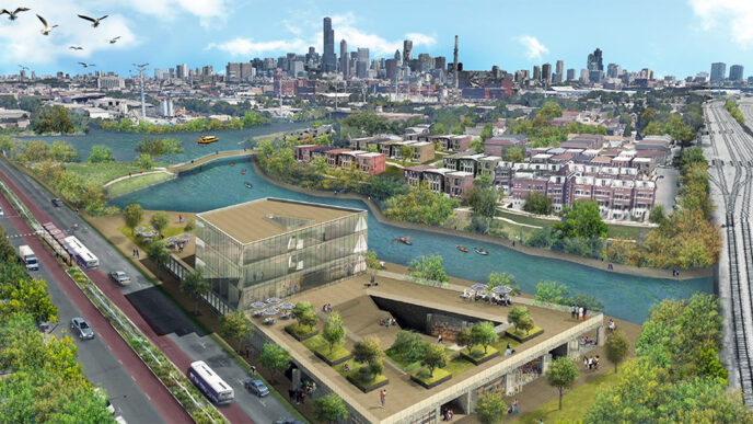 Artist's rendering of a redeveloped South Branch of the Chicago River|Artist's rendering of a potential wetland park for the Goose Island area.