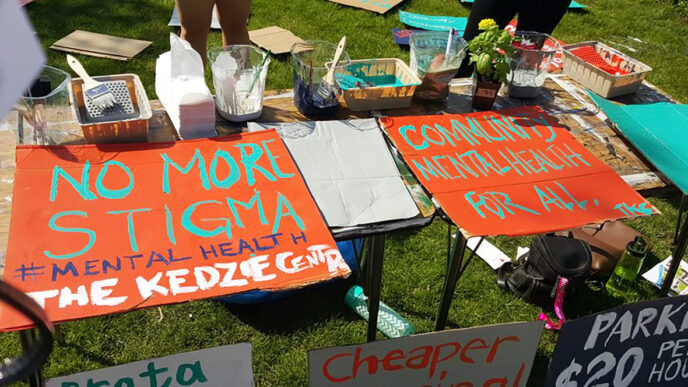 Hand-painted signs on a table.