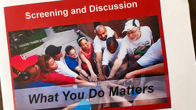 Flyer promoting a screening of What You Do Matters|Five panelists at a film screening.