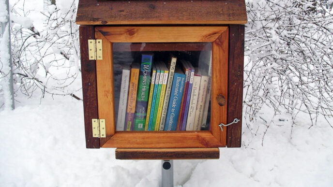 A Little Free Library stands on a snowy roadside.