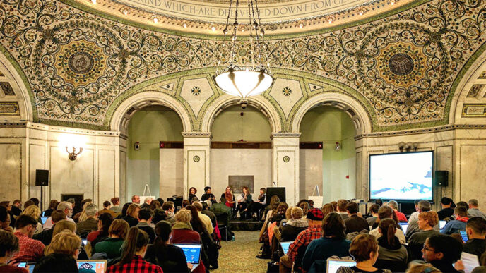 Panelists at the Sustain Arts launch in Preston Bradley Hall|Screen shot of a chart from the Sustain Arts Chicagoland data portal.