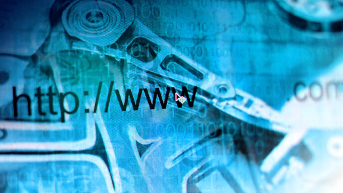 Portions of website addresses appear over an abstract blue photographic background.