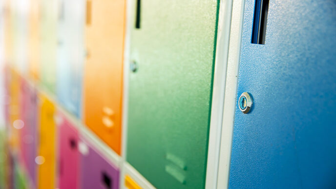 A row of colorful school lockers.