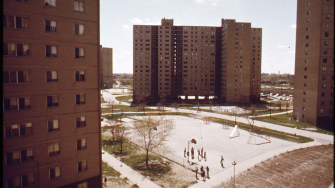 Vintage photo of the high-rise towers of the Stateway Gardens housing project.