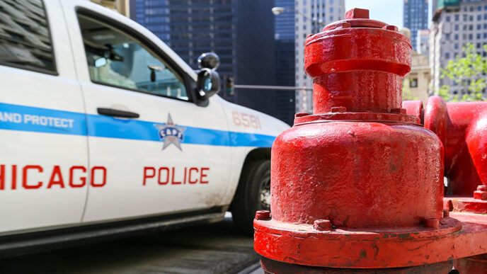 A Chicago Police Department SUV parked alongside a fire hydrant.