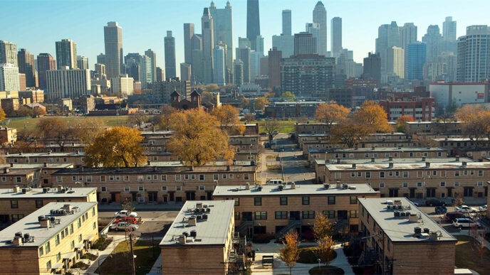 Rows of low-rise homes in the foreground