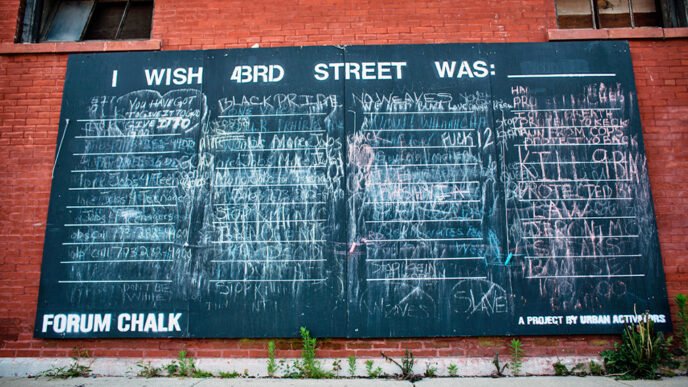 A chalkboard mural painted on a brick wall.