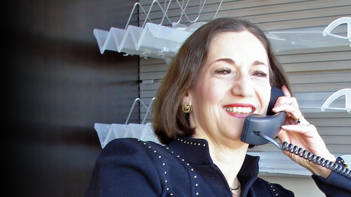 A woman smiles while talking on the phone in an office|A woman smiles while talking on the phone in a wood-paneled office|Three women stand on stage smiling and holding an award plaque.