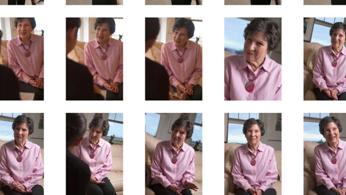 A photo contact sheet showing a woman smiling in various poses|A woman stands in a carpeted living room resting her hands on the back of a chair and smiling to the camera.