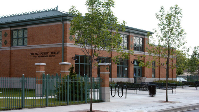Exterior view of the Chicago Public Library West Englewood branch|Map of Chicago neighborhoods.