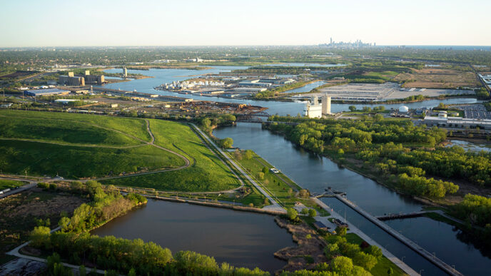 Aerial view of locks on the Calumet River