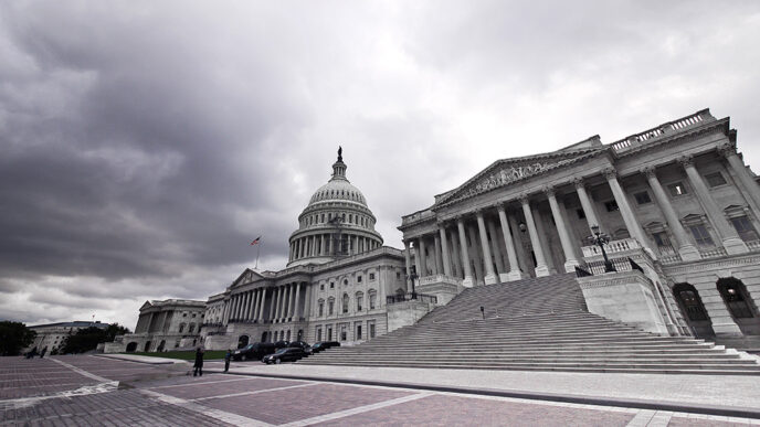 The U.S. Capitol Building under a cloudy sky.